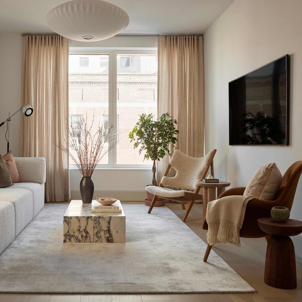 Espacio minimalista con almacenamiento discreto y superficies despejadas que aportan calma visual